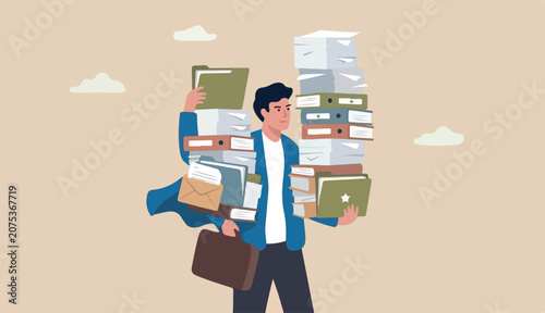 Handle busy work, manage workload complete multitasks within deadline, organize paperwork documents, effective or productive concept, businessman superhero carry load of paperwork documents
