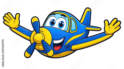 Happy blue cartoon airplane mascot waving its wings