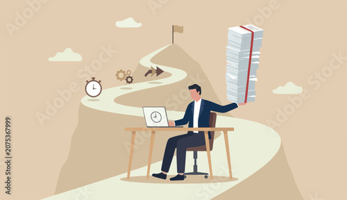 Ability to work under pressure, leadership skill success, control stressed complete work within timeline concept, calm confident businessman working laptop carrying load paperwork