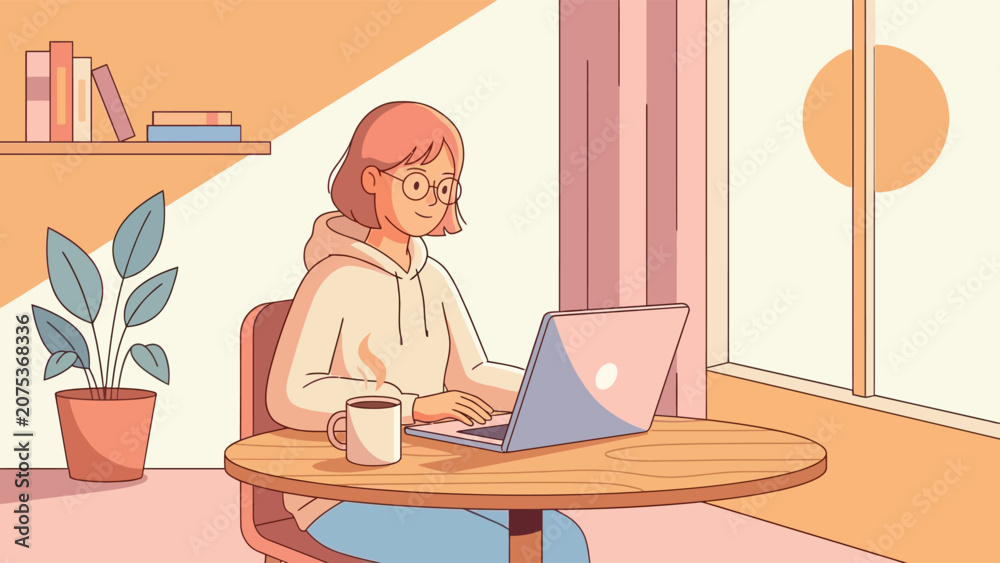 Fototapeta premium Woman sits at a table working on laptop with coffee