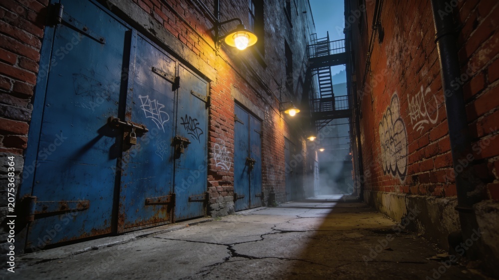 Fototapeta premium Industrial-style urban alley featuring aged brick walls and overhead lighting