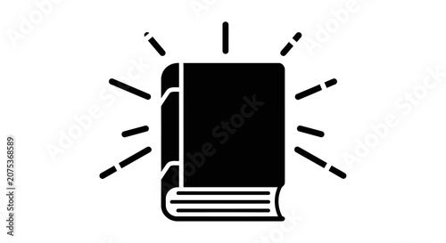 Minimalist black icon of an enlightened book with radiating lines.