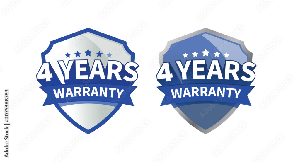 Obraz premium 4 year warranty label or badge design, with minimalist and shiny blue shield icon.