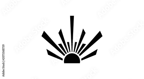 Minimalist black sun icon with stylized radiating rays.