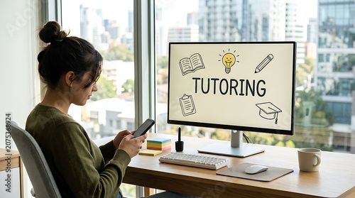 Young woman using smartphone at desk with computer screen showing online tutoring concept