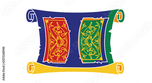 Ancient scroll design with ornate floral patterns in red and green.