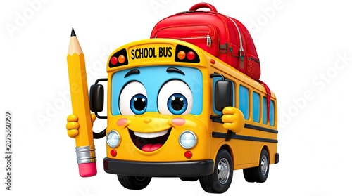 Happy school bus character next to giant pencil.