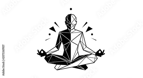 Geometric stylized human silhouette in a meditation pose.