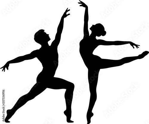 Two ballet dancers performing a synchronized dance routine on stage