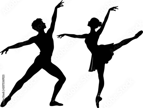 Two ballet dancers performing a synchronized dance routine together in studio