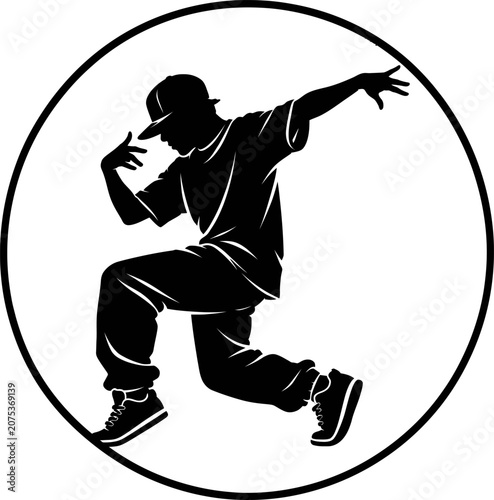 A man wearing a hat performs a dance move in a circular frame.