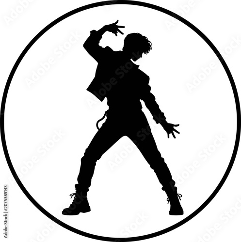 A person in a dynamic pose with arms raised dancing energetically indoors in silhouette.
