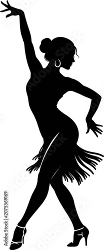 Woman dances energetically in a dress indoors with a lively pose and high heels.