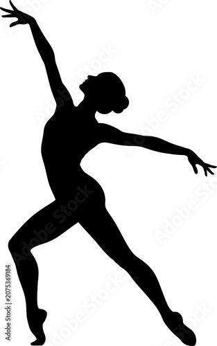 A dancer performs a dynamic pose in a studio with arms outstretched and legs bent.