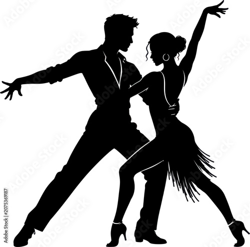 Couple performing energetic dance moves in harmony with elegant dress and shoes