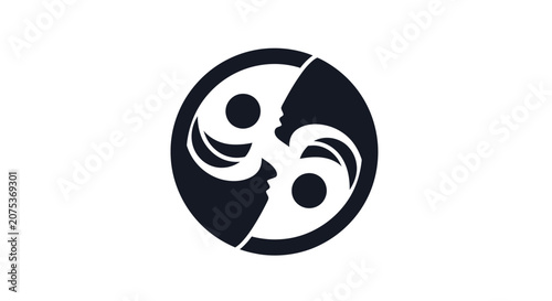 Abstract circular logo design with negative space profiles of two human faces.