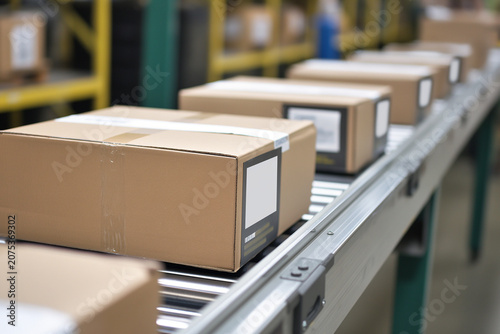 Shipping preparation scene with labels and boxes in neutral branding space  