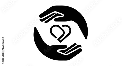 Minimalist graphic icon of human hands cupping a heart shape symbol.