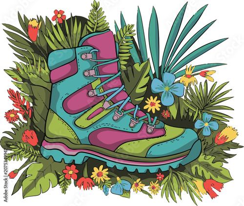 Colorful trekking boot surrounded by tropical leaves and wild flowers.