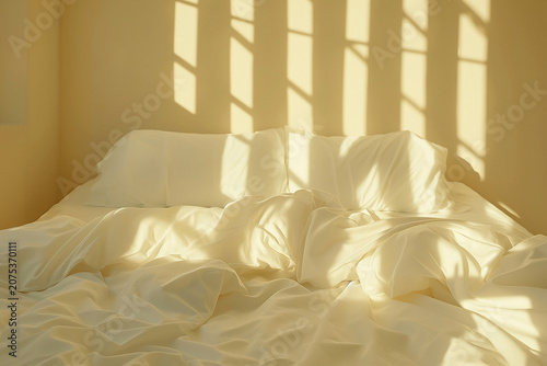 Unmade bed with natural light creating a warm morning scene  