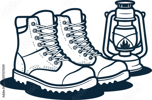 Monochrome line art drawing of hiking boots and camping lantern.