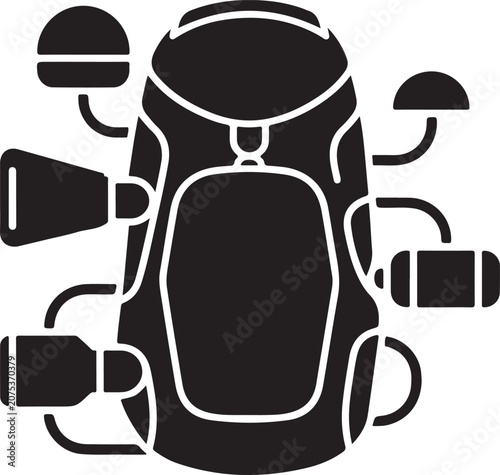 Camping backpack with outdoor equipment modules and hiking gear icons.