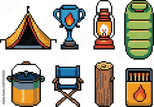 Set of camping equipment illustrations rendered in classic pixel art style.
