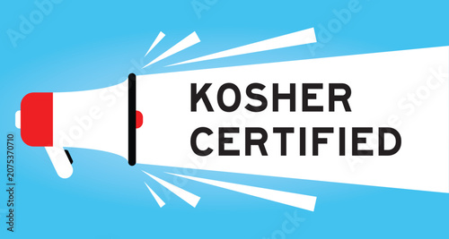 Foto Color megaphone icon with word Kosher certified in white banner on blue backgrou