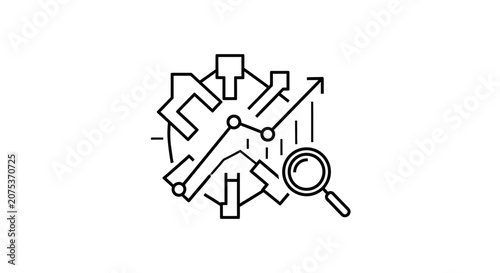 Data analysis icon with magnifying glass and upward trend graph