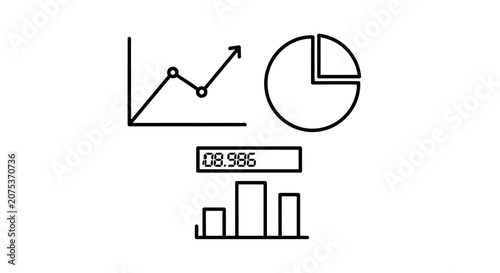 Data analysis icons: line graph, pie chart, bar chart, and digital display