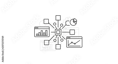 Data Analysis Network: Charts, Graphs, and Central Hub Concept