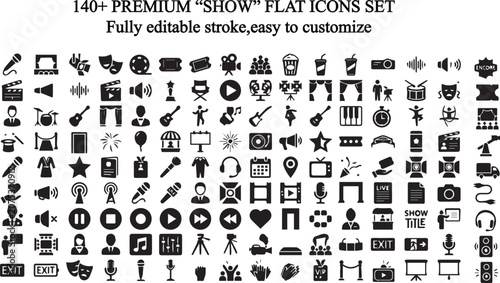 140+ Show Icons Set  Professional Presentation, Exhibition & Display Line Icons.Perfect for presentations, exhibitions, live events, showcases, performances, broadcasting, displays, entertainment, 