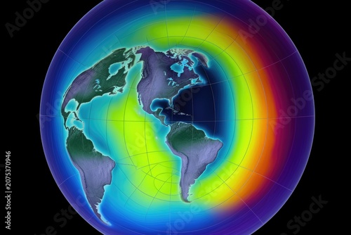 Colorful globe map with grid lines showing a rainbow heat pattern around the planet on a black background