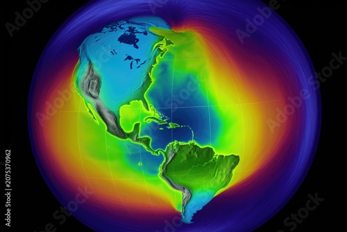 Colorful data map of Earth focused on the Americas, showing atmospheric concentration levels in rainbow tones around the globe