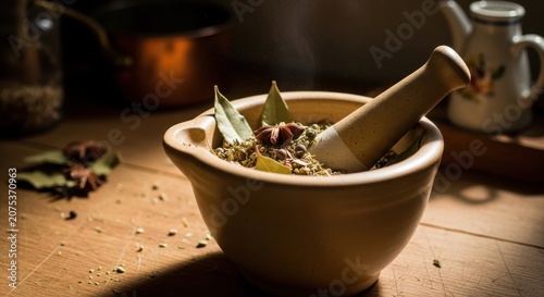Spices Arranged in Mortar for Culinary Preparation in Rustic Kitchen