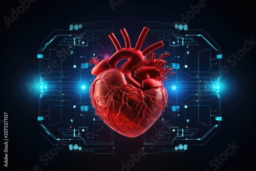 3D red human heart floating over futuristic circuit interface on dark background