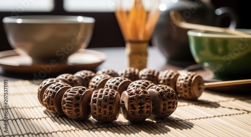 Wooden Beads Displayed on Table with Natural Light and Textures
