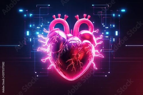 Glowing neon anatomical heart with electric lines and circuit pattern on dark background