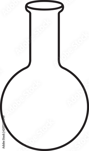 Black and white line art vector icon of a round bottom laboratory flask with laboratory chemistry glassware experiment research scientific equipment