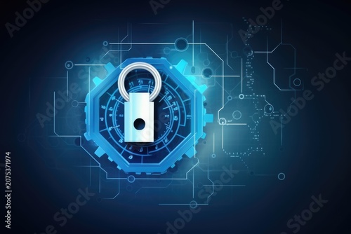 Padlock icon in a glowing gear with digital circuit lines on a blue background, symbolizing cybersecurity and data protection
