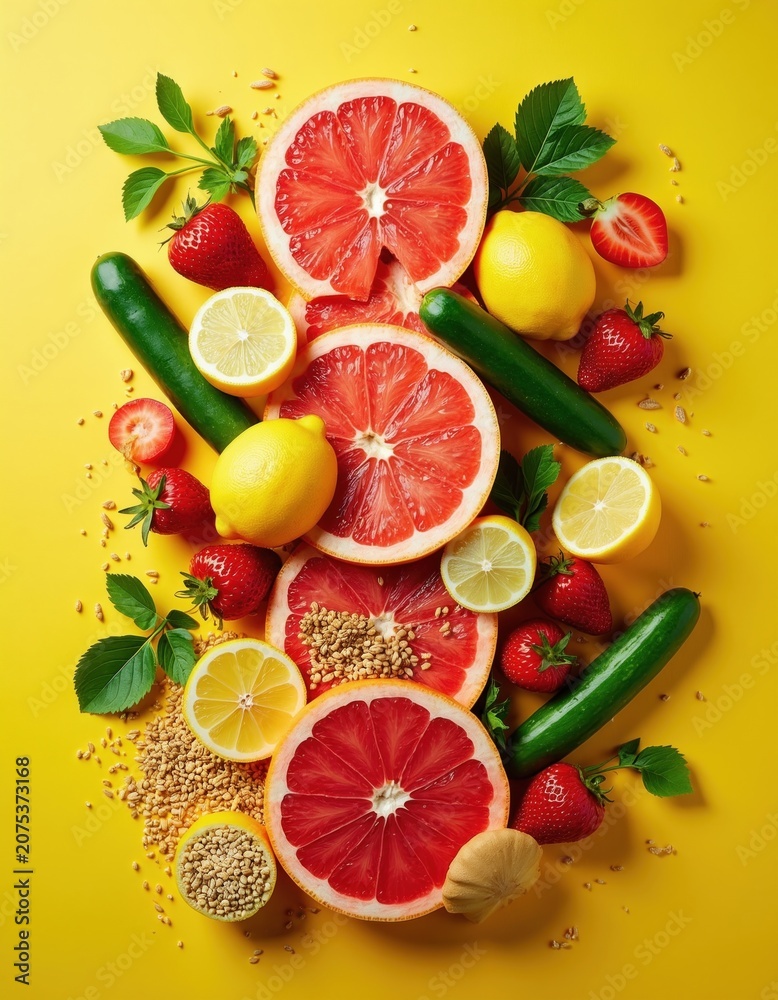 Naklejka premium Bright overhead shot of fresh fruits and vegetables arranged. Grapefruit citrus slices, lemons, strawberries, cucumbers, and grains create healthy food composition on yellow background.