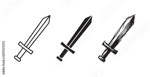 Foto Icons of a broadsword in three presentation styles: minimalist line art, bold bl