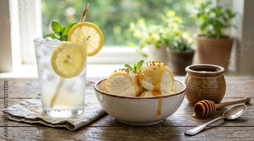 A rustic ceramic bowl filled with vanilla bean ice cream, topped with a generous drizzle of golden honey or lemon curd and sprinkled with bee pollen.