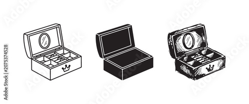 Fotografie Open Jewelry Box with Oval Mirror and Crown Detail Icon Set in Outline, Solid, a