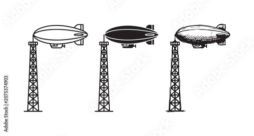 Fotografie Blimp and mooring tower icon set in outline, solid, and hand-drawn sketch design