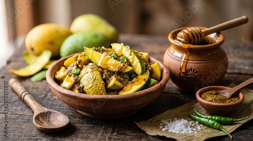 A South Asian pickle (aam ka achaar), a traditional condiment made from raw mangoes, spices, and oil.