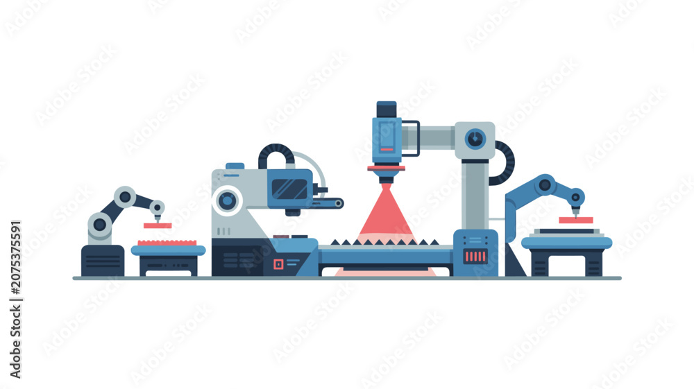Fototapeta premium Automated factory production line featuring multiple robotic arms and a laser cutting station for precision industrial manufacturing and material fabrication processes.