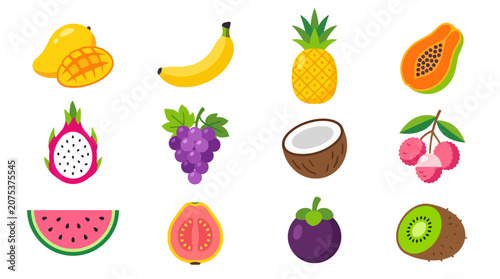 Collection of colorful tropical and exotic fruits illustration set.