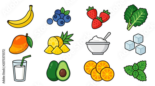 Collection of fresh fruit vegetable smoothie ingredients and food icons.