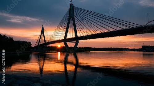 A refined view of a busy bridge during a dramatic sunset showcasing glowing highlights and shimmering textures